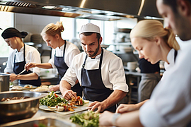 Ein Team junger Köche bereitet Gerichte in einer geschäftigen Restaurantküche zu