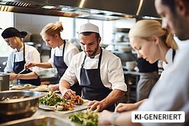 Ein Team junger Köche bereitet Gerichte in einer geschäftigen Restaurantküche zu