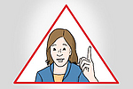 Illustration das Portrait einer Frau mit erhobenem Zeigefinger in einem roten Warndreieck.