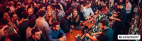 Barkeeper arbeiten in einer sehr vollen Bar. | © Adobe Stock | BornHappy | Generiert mit KI Barkeeper arbeiten in einer sehr vollen Bar.